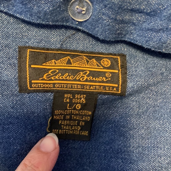 Eddie Bauer dress button down removable collar denim long sleeve pockets L farm - Picture 12 of 13